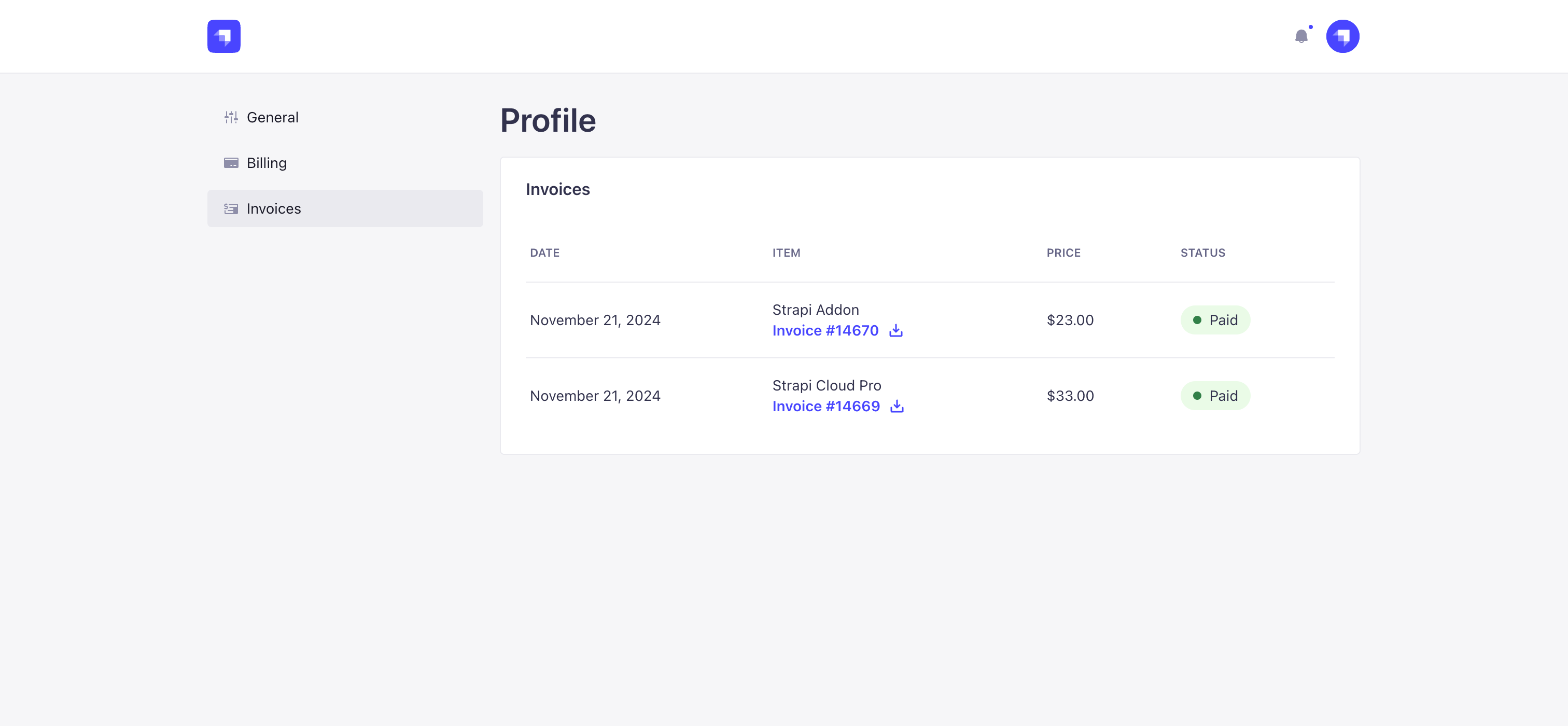 Invoices tab of Profile page