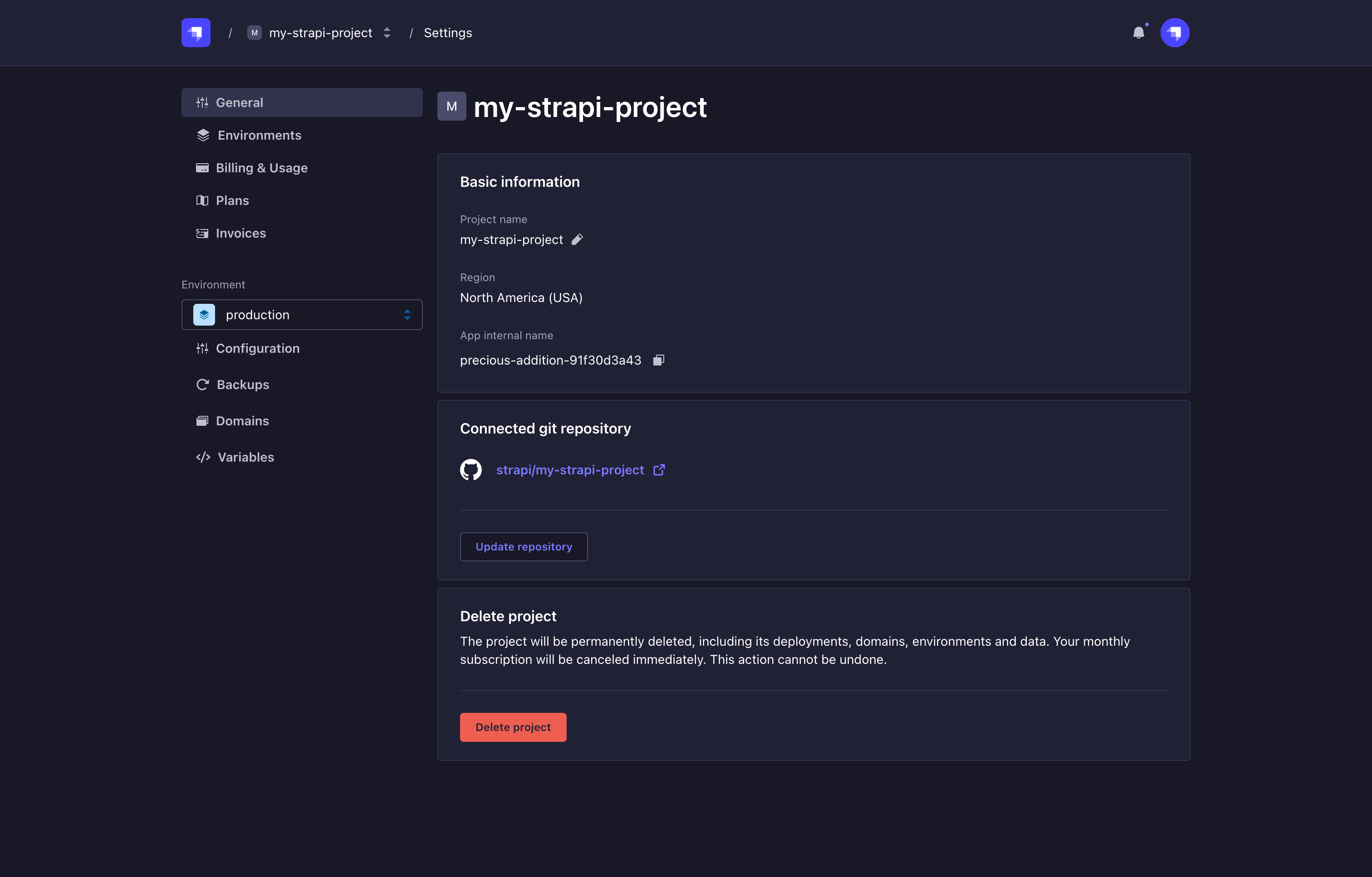 Project settings page